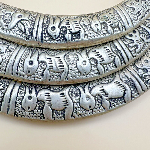 Vintage Miao Chinese Minority Hill Tribe Silver Tone 3 Tier Zodiac Necklace - Picture 2 of 5